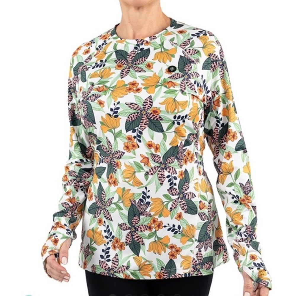 Coolibar Devi Long Sleeve Fitness T-Shirt Leaf Floral Printed Size XL